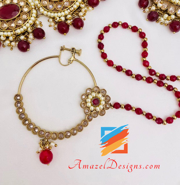 Polki Maroon Braut Halskette Lange Mala Tikka Handstück Matha Patti Nath Passa Ohrringe Komplettes Set
