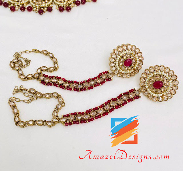 Polki Maroon Braut Halskette Lange Mala Tikka Handstück Matha Patti Nath Passa Ohrringe Komplettes Set