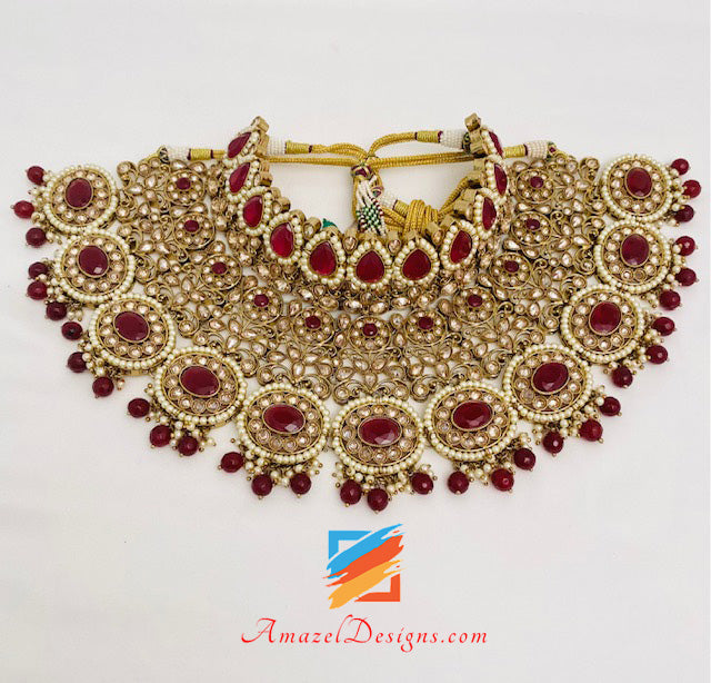 Polki Maroon Braut Halskette Lange Mala Tikka Handstück Matha Patti Nath Passa Ohrringe Komplettes Set