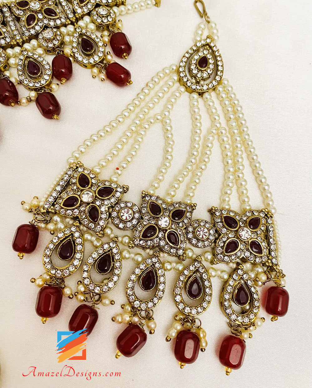 Maroon Choker Earrings Tikka and Passa/Jhumer Set
