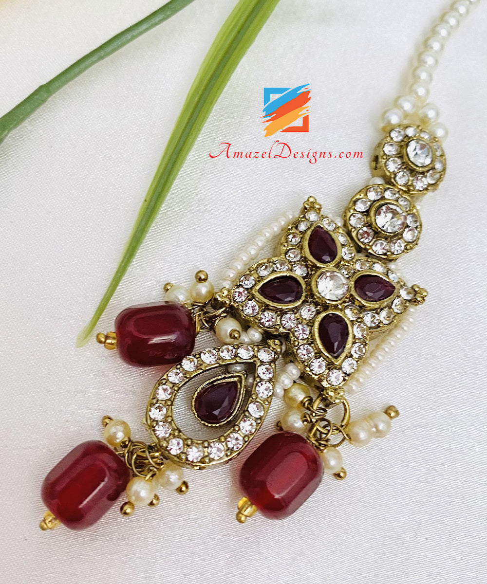 Maroon Choker Earrings Tikka and Passa/Jhumer Set