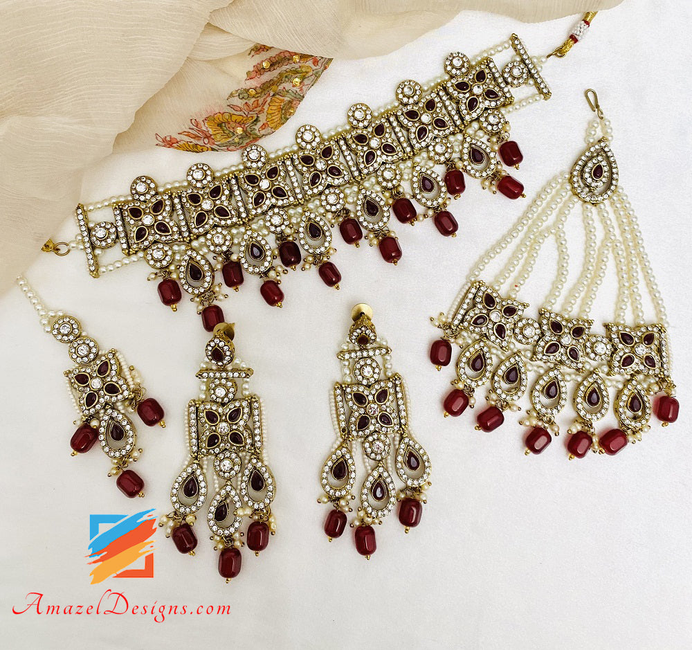 Maroon Choker Earrings Tikka and Passa/Jhumer Set