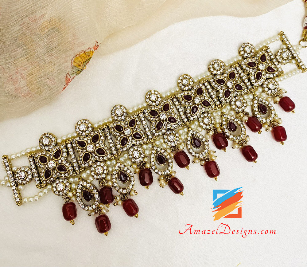 Maroon Choker Earrings Tikka and Passa/Jhumer Set