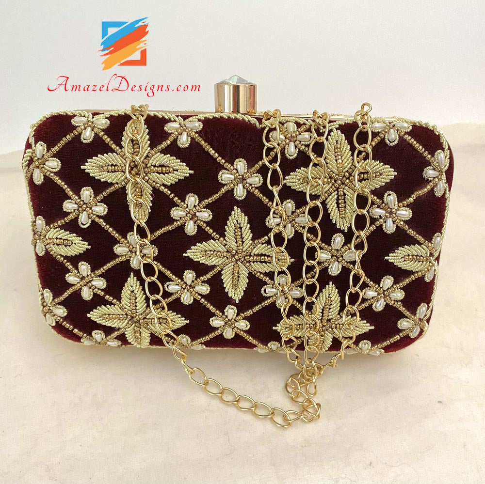 Maroon Clutch Both Sides Dabka Pearl work