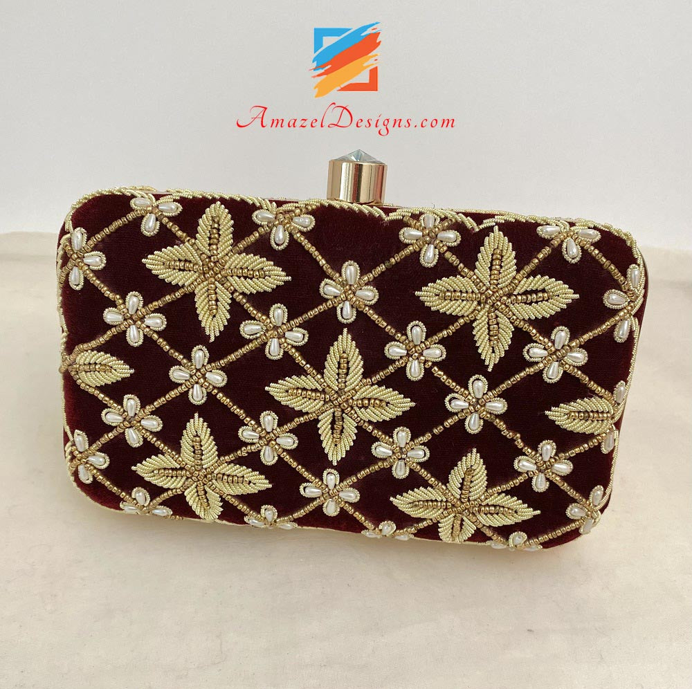 Maroon Clutch Both Sides Dabka Pearl work