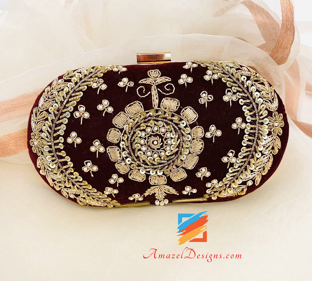 Maroon Dabka Work Oval Clutch