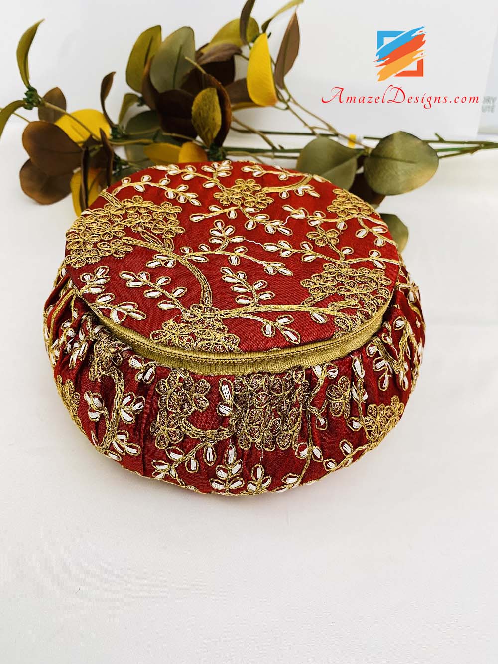 Maroon Golden Work Shagun (Shagan) Matka Potli - Jewellery Makeup Box