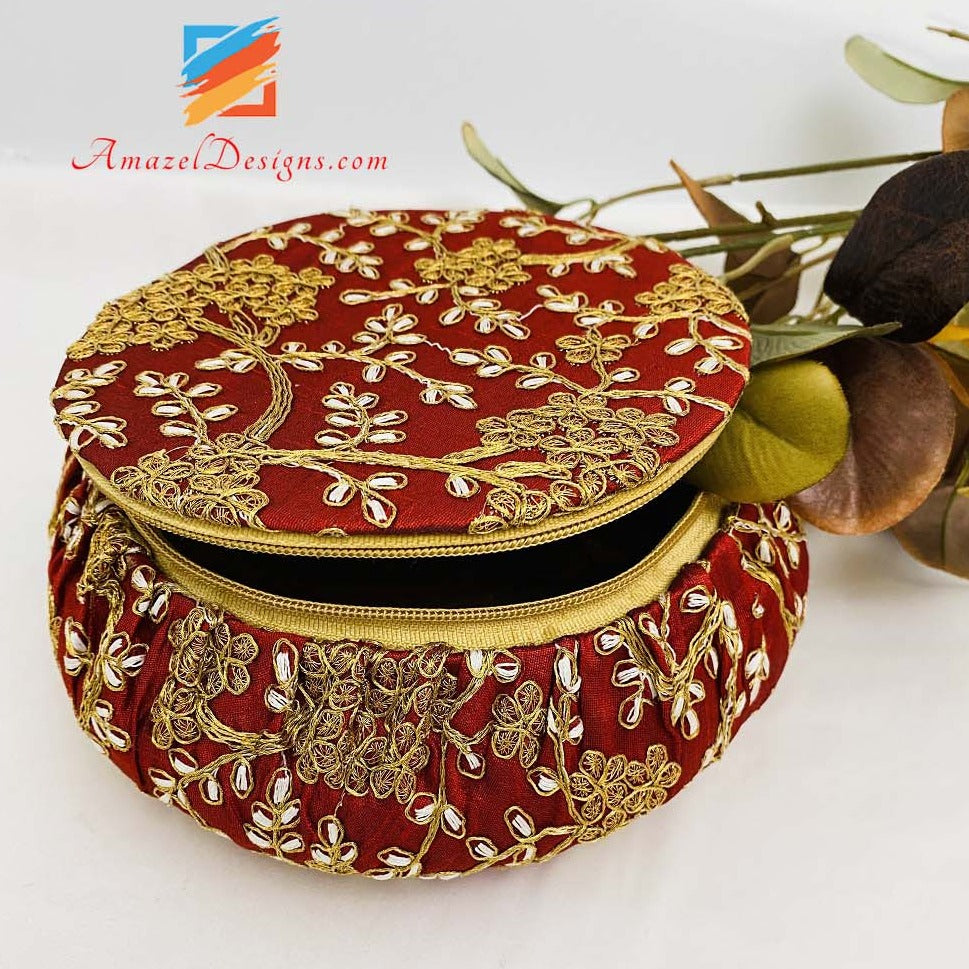 Maroon Golden Work Shagun (Shagan) Matka Potli - Jewellery Makeup Box
