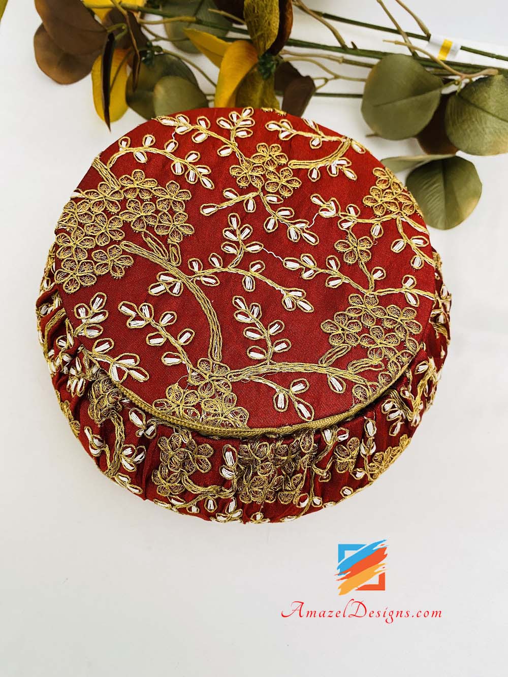 Maroon Golden Work Shagun (Shagan) Matka Potli - Jewellery Makeup Box