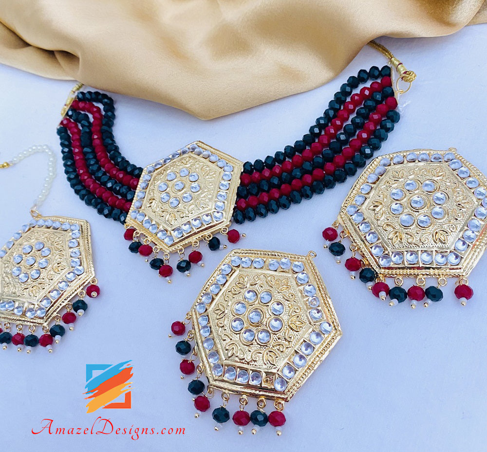 Maroon Green Leggero Kundan Girocollo Collana Orecchini Orecchini Tikka Set