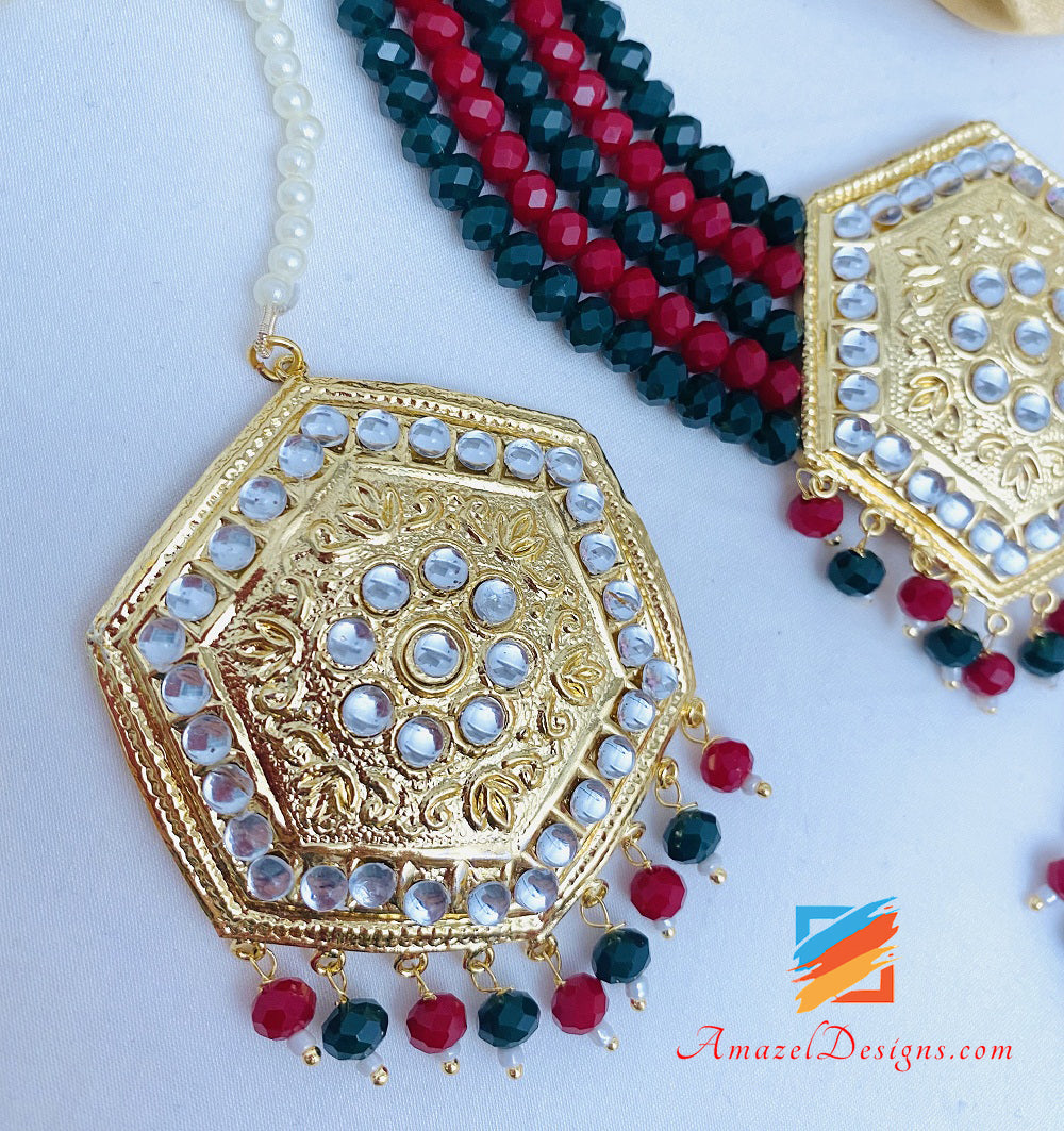 Maroon Green Leggero Kundan Girocollo Collana Orecchini Orecchini Tikka Set