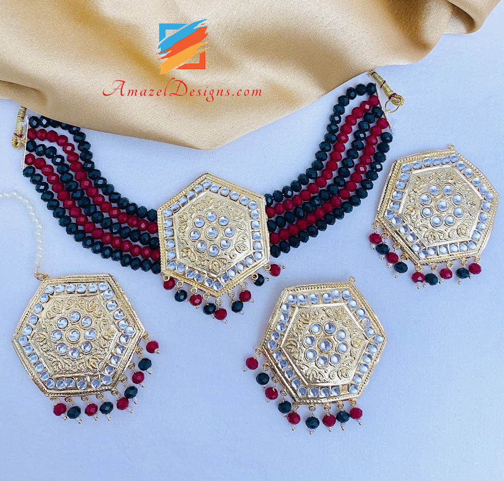 Maroon Green Leggero Kundan Girocollo Collana Orecchini Orecchini Tikka Set