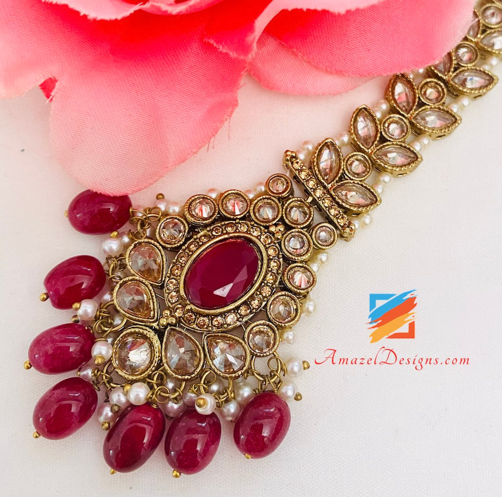 Maroon Heavy Bridal Polki Necklace Earrings Tikka Nath and Passa Set