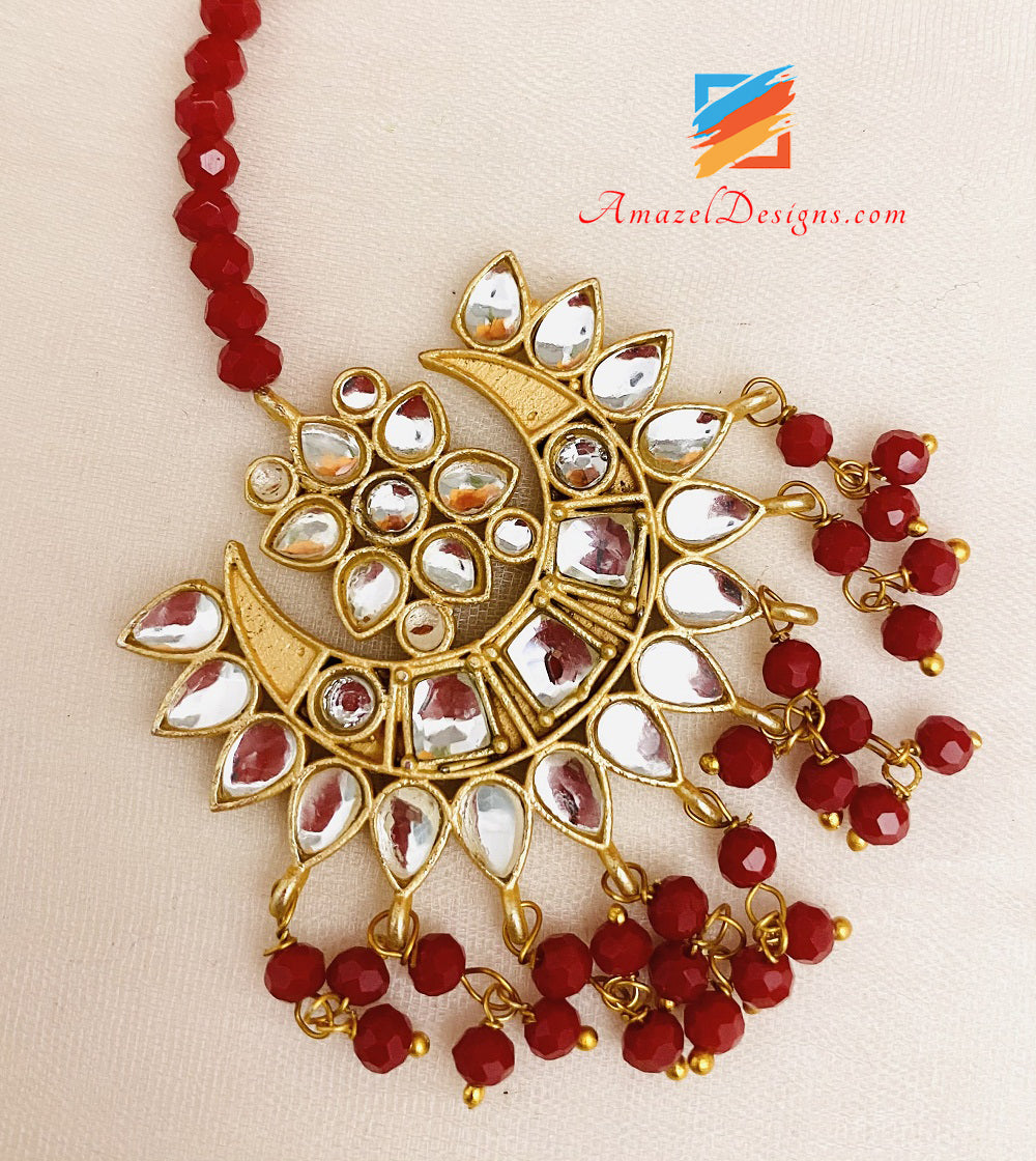 Maroon Kundan Jhumka Earrings Tikka Set