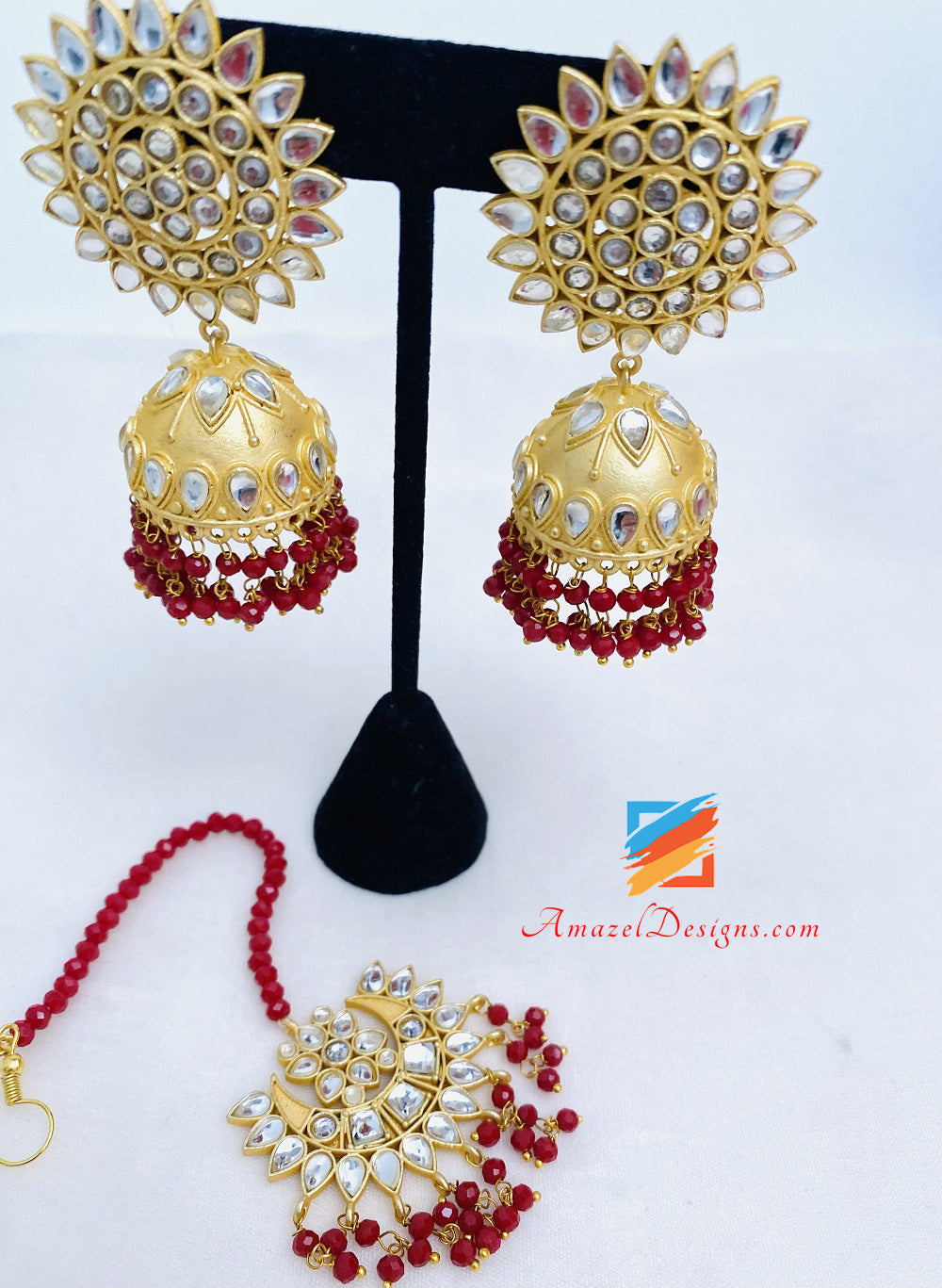 Maroon Kundan Jhumka Earrings Tikka Set