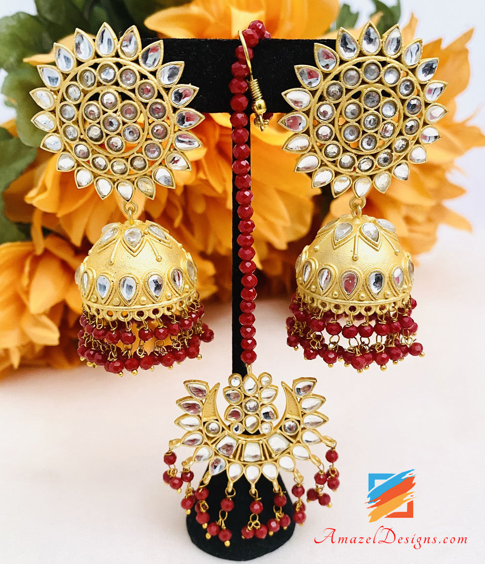 Maroon Kundan Jhumka Earrings Tikka Set