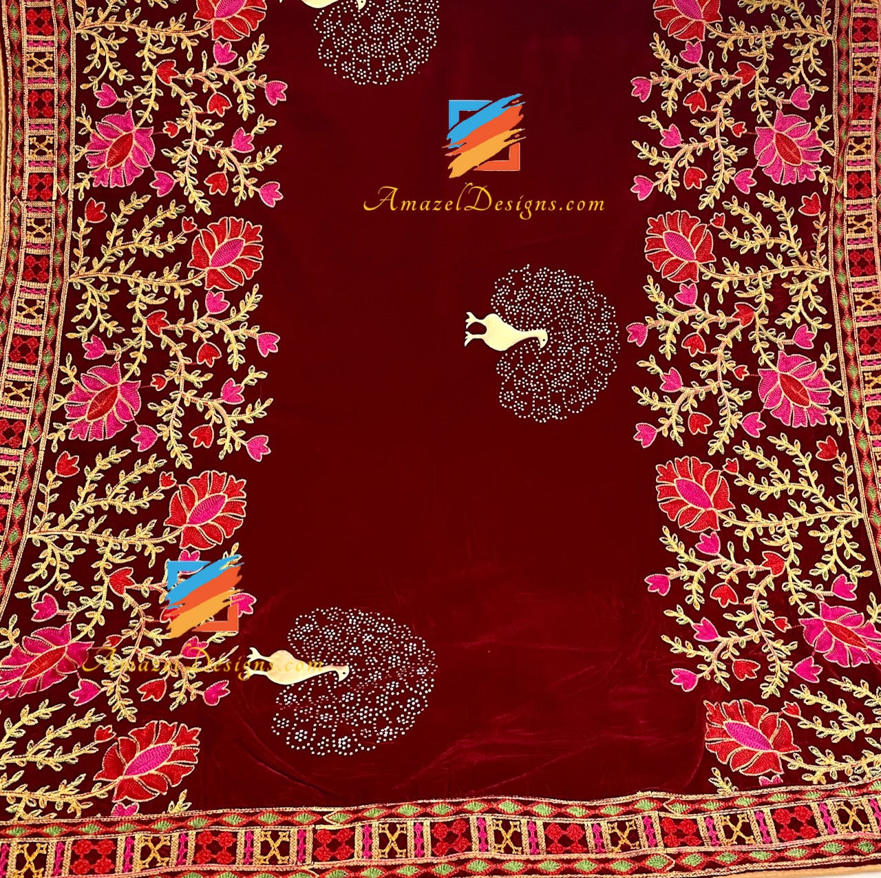 Maroon Kundan Morni Thread Work Velvet Shawl