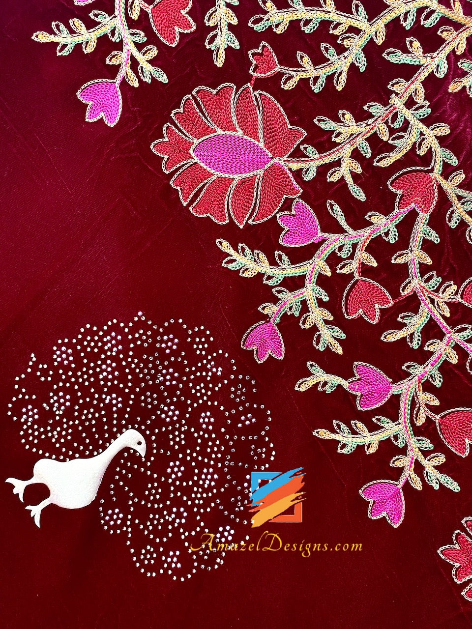 Maroon Kundan Morni Thread Work Velvet Shawl