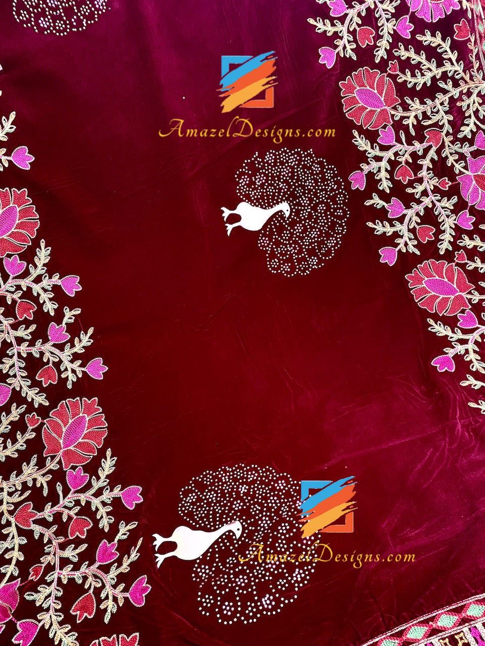 Maroon Kundan Morni Thread Work Velvet Shawl