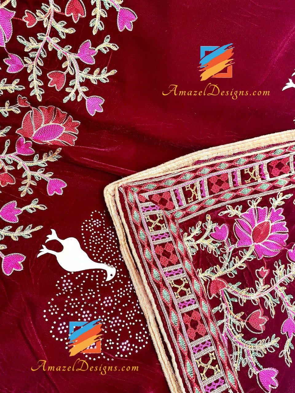 Maroon Kundan Morni Thread Work Velvet Shawl