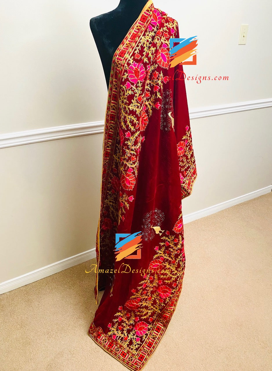 Maroon Kundan Morni Thread Work Velvet Shawl