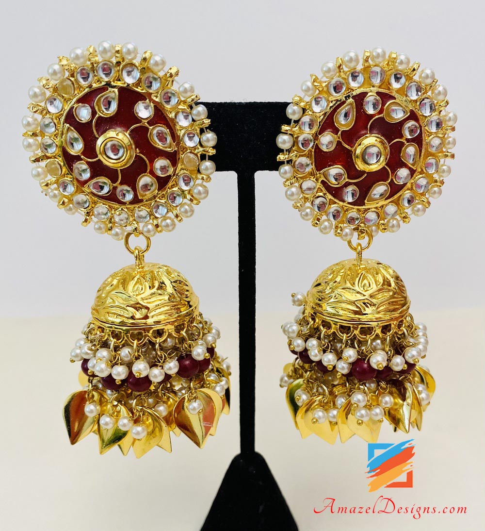 Kastanienbraunes Ruby Kundan Pippal Patti Jhumka Übergroßes Tikka-Set