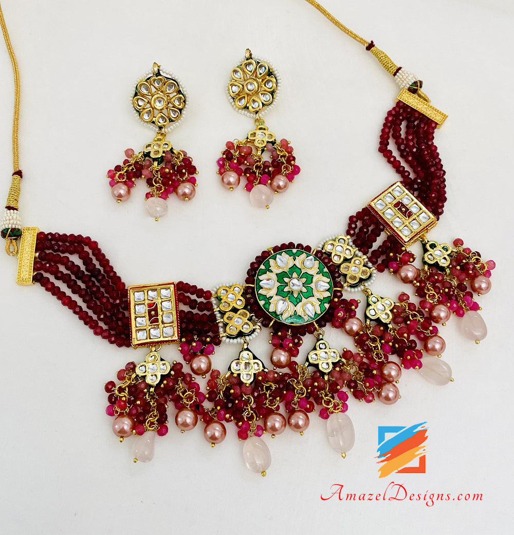 Maroon Mehrfarbiges Meenakari Handbemaltes Halsketten-Ohrring-Set