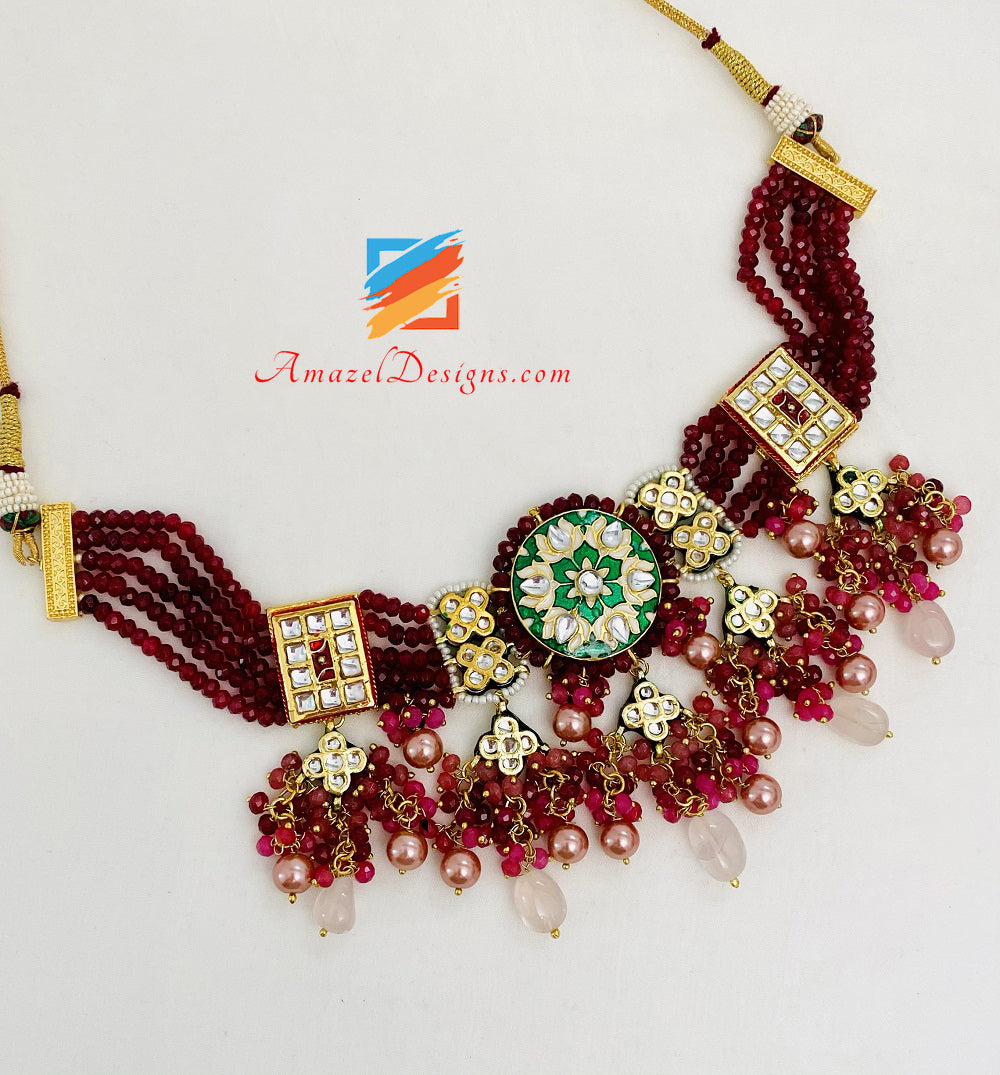 Maroon Mehrfarbiges Meenakari Handbemaltes Halsketten-Ohrring-Set