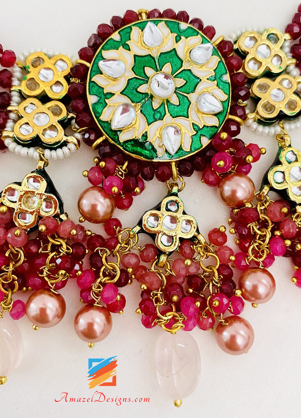 Maroon Mehrfarbiges Meenakari Handbemaltes Halsketten-Ohrring-Set