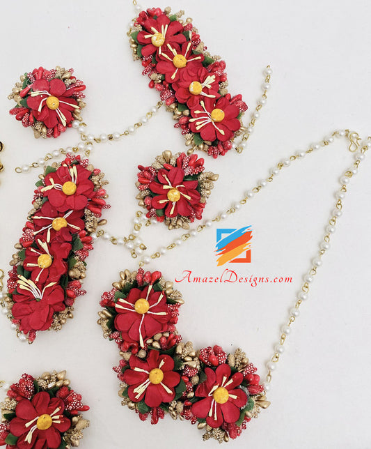 Maroon Necklace Jhumka Earrings Hand Pieces Tikka Flower Set
