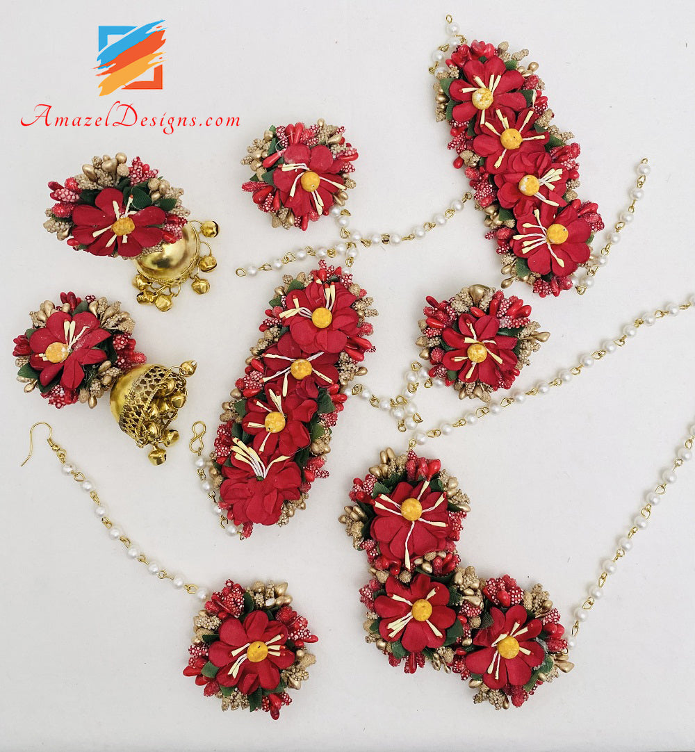 Collana Maroon Orecchini Jhumka Hand Pieces Tikka Flower Set