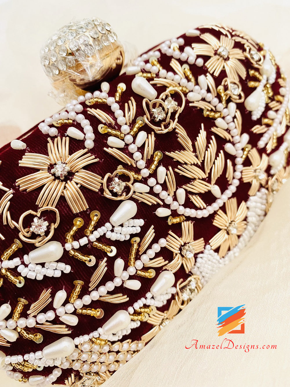 Maroon Oval Swarovski Pearl Dabka Work