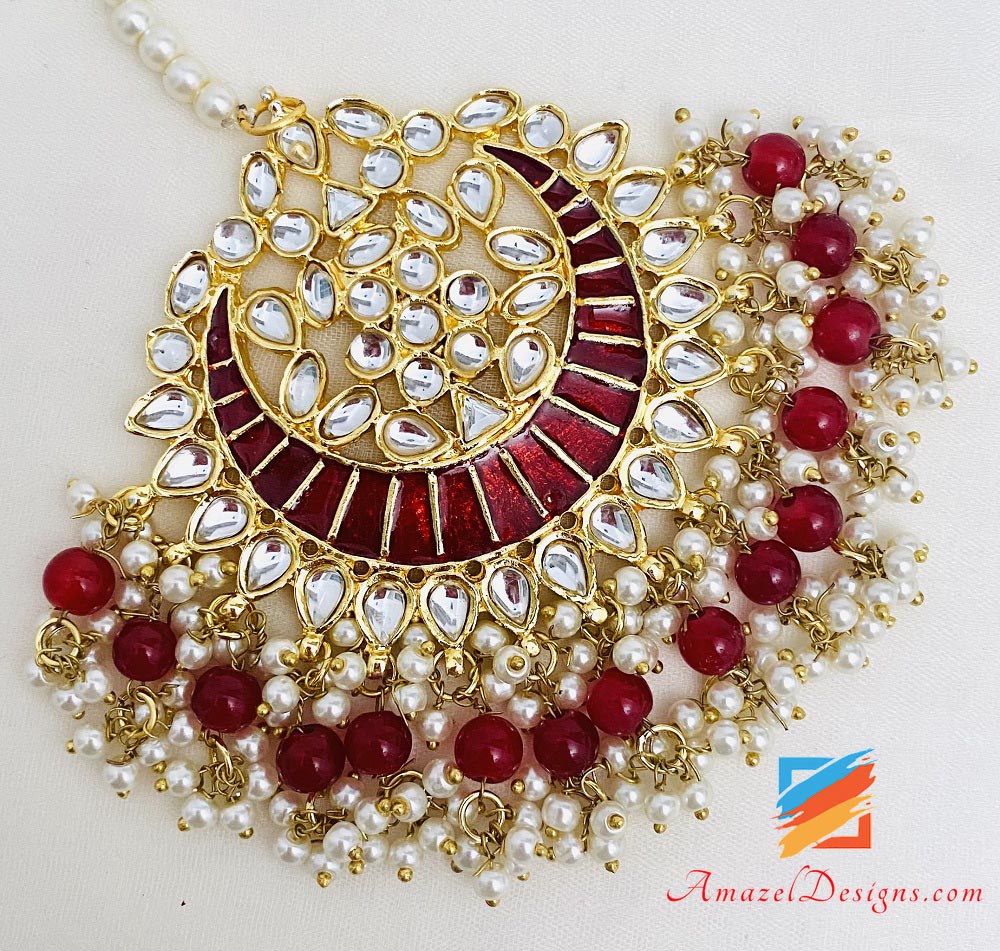 Maroon Painted Kundan Oversized Earrings Tikka Set