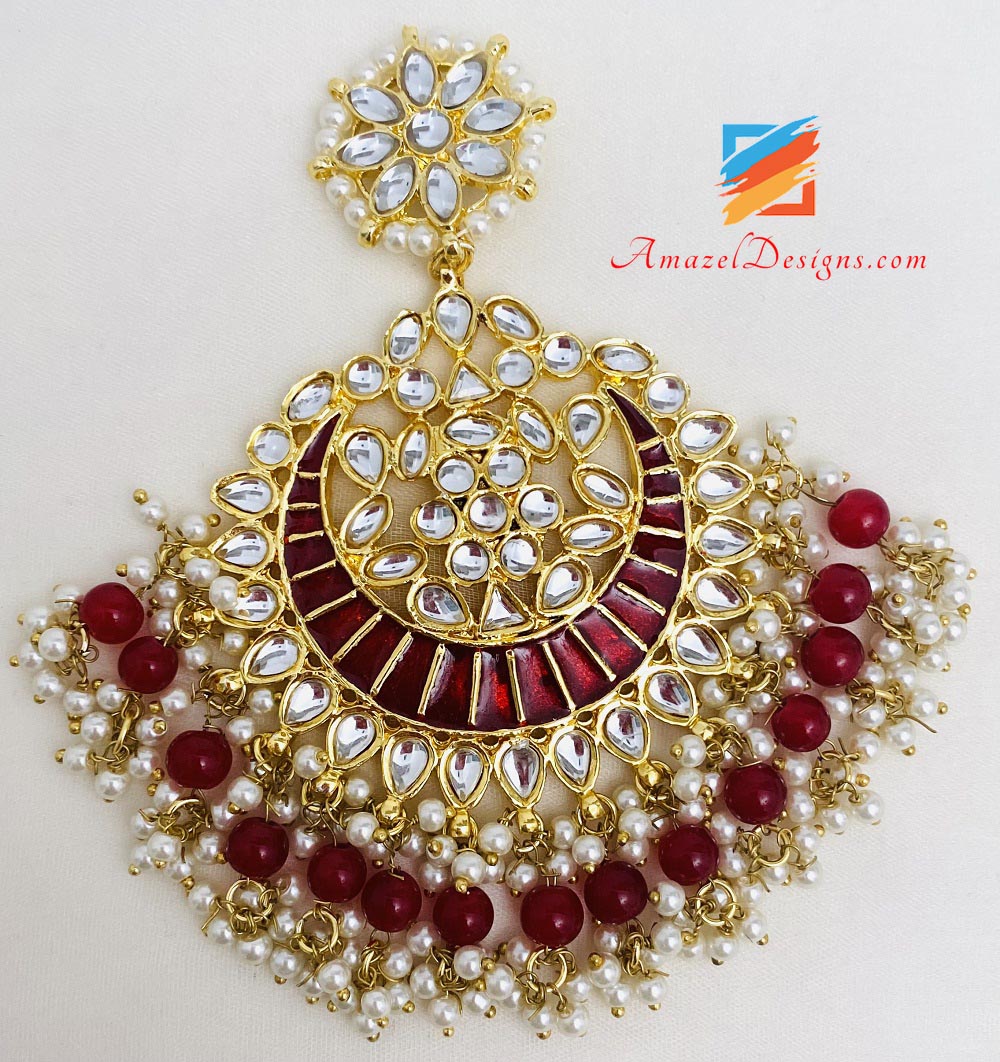 Maroon Painted Kundan Oversized Earrings Tikka Set