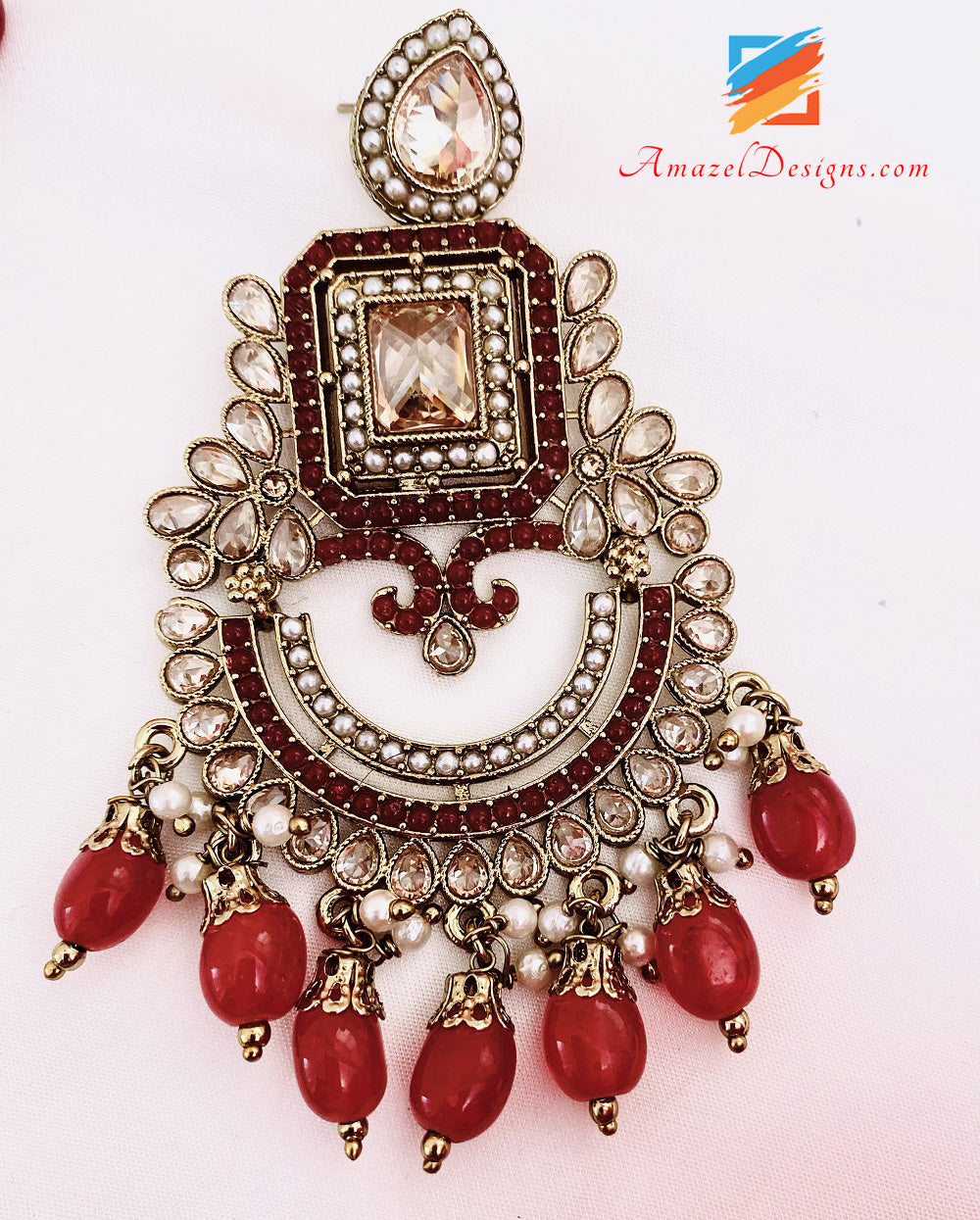 Maroon Polki Earrings Tikka Set