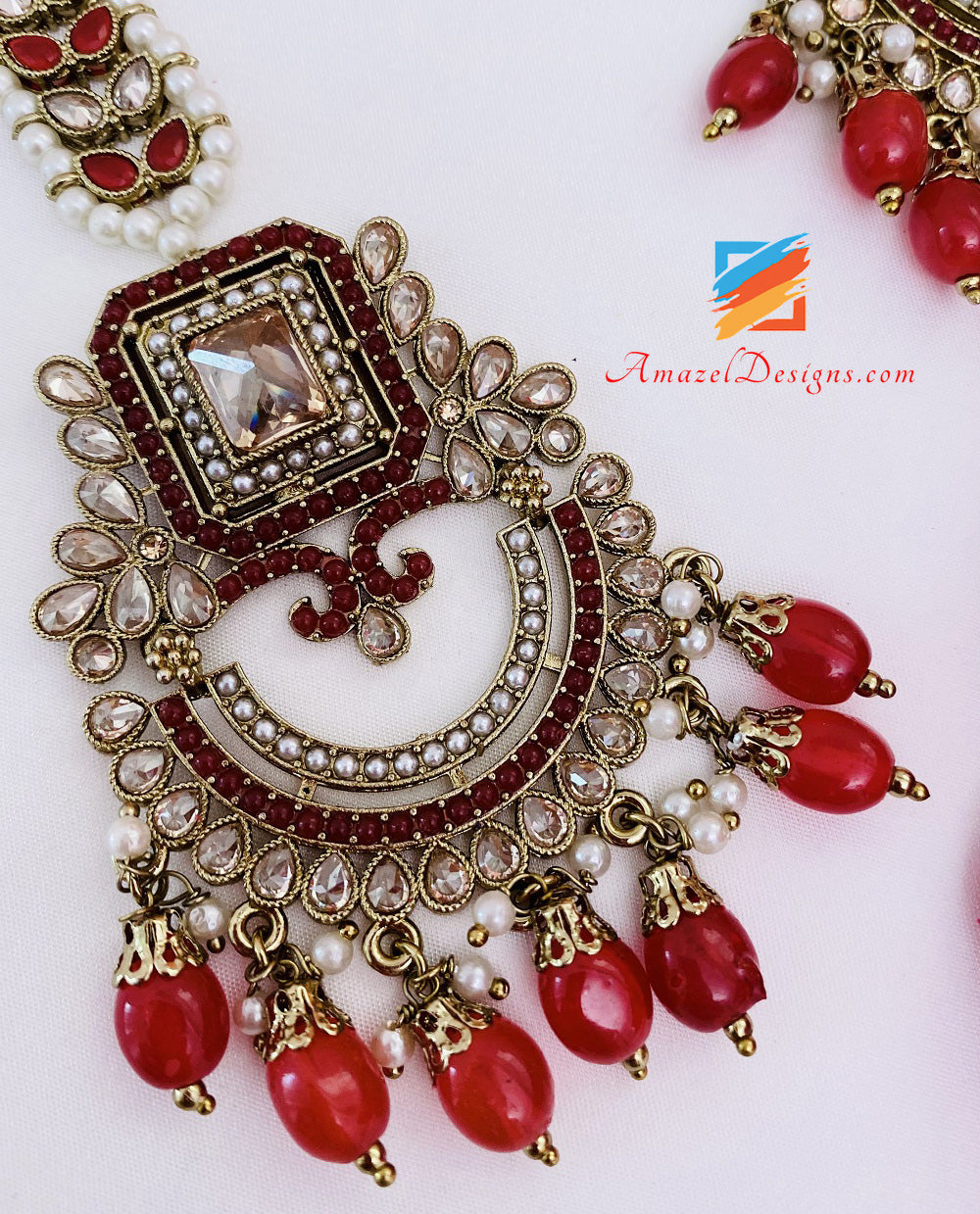 Maroon Polki Earrings Tikka Set