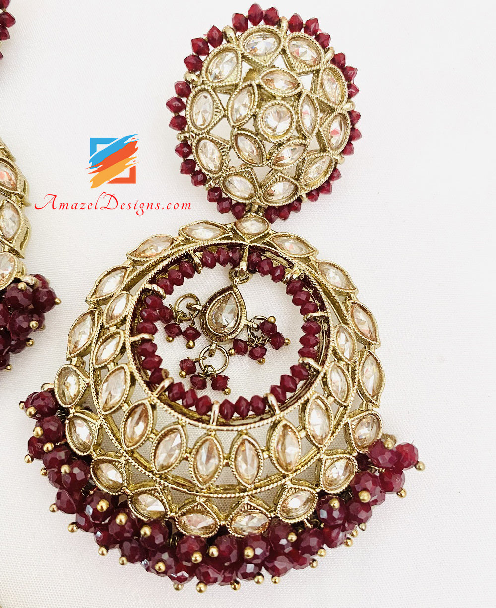Maroon Polki Earrings Tikka Set