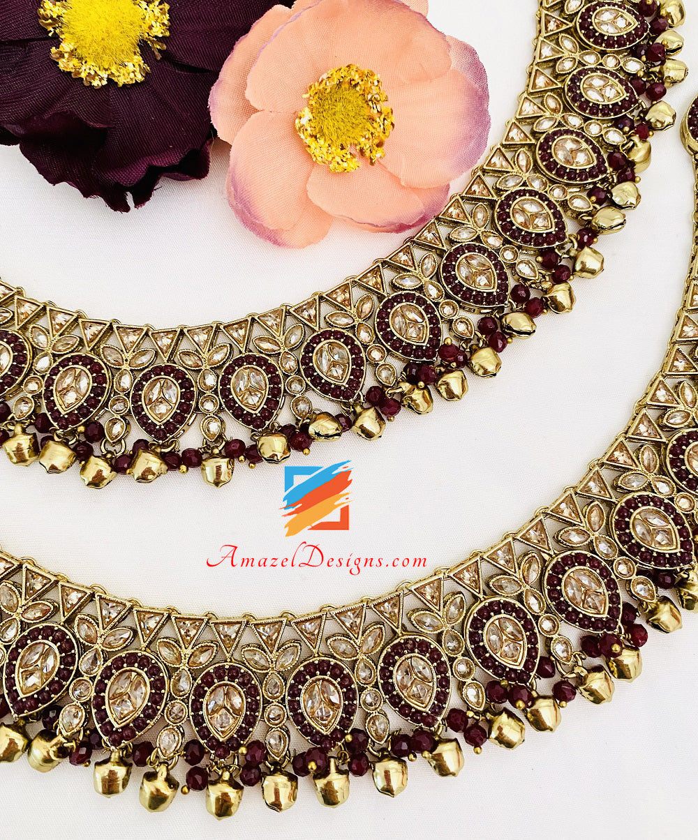 High Quality Maroon Polki Ghungroo Payal