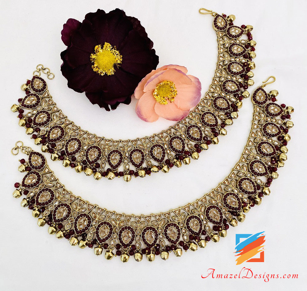 High Quality Maroon Polki Ghungroo Payal