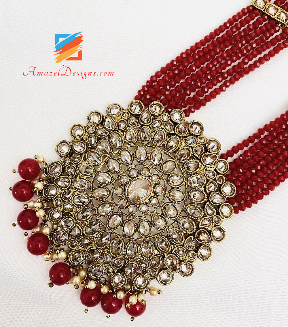 Maroon Polki Long Haar Jhumki Orecchini Set Tikka