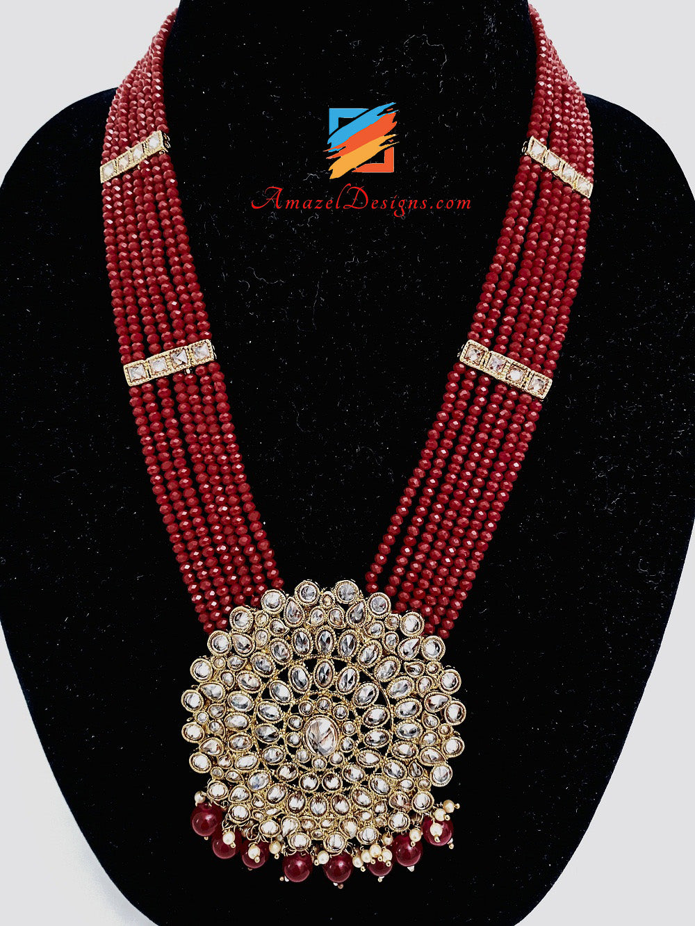 Maroon Polki Long Haar Jhumki Orecchini Set Tikka