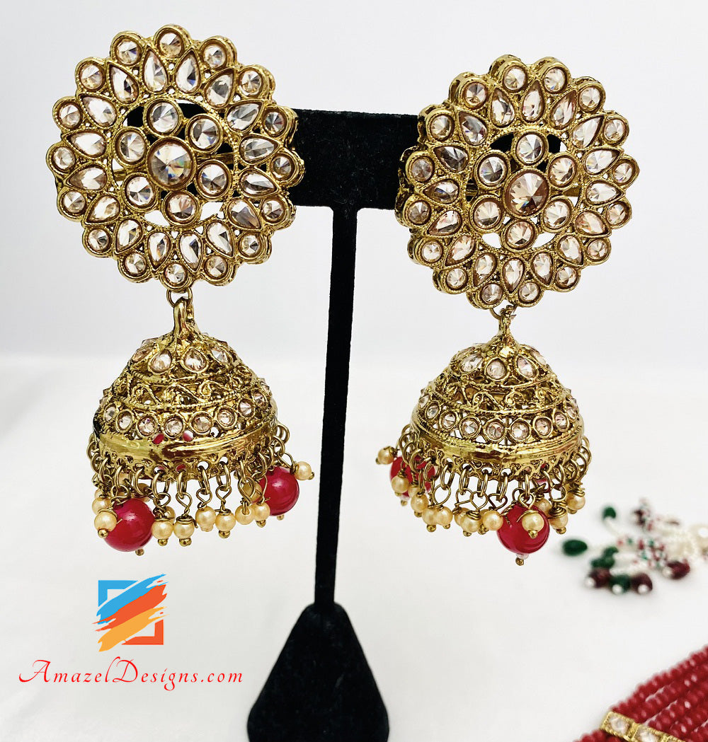 Maroon Polki Long Haar Jhumki Orecchini Set Tikka