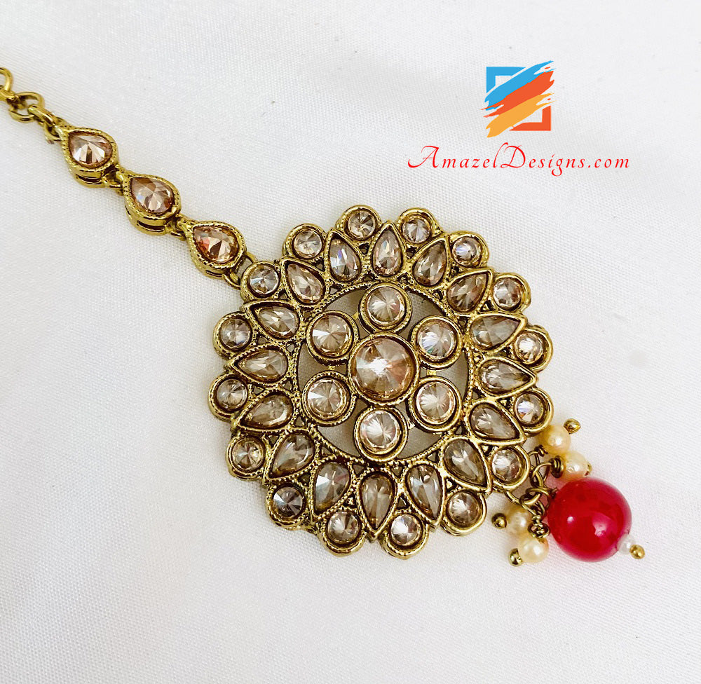 Maroon Polki Long Haar Jhumki Orecchini Set Tikka