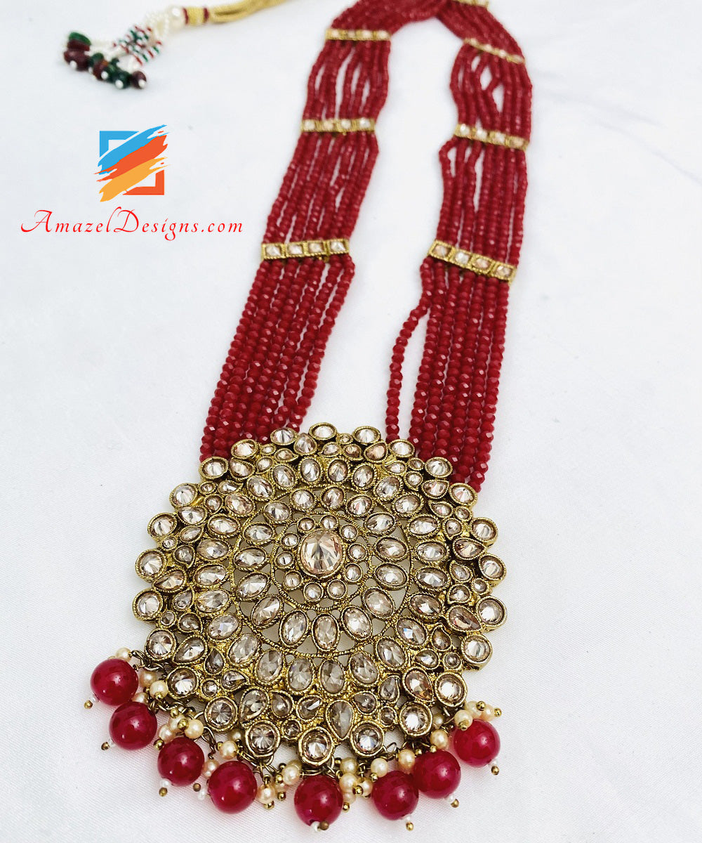 Maroon Polki Long Haar Jhumki Orecchini Set Tikka