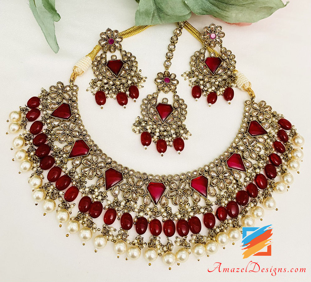 Maroon Polki Monalisa Collana Tikka Set