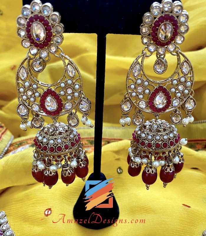 Collana da sposa Polki marrone con orecchini Chandbali Jhumki Set Tikka