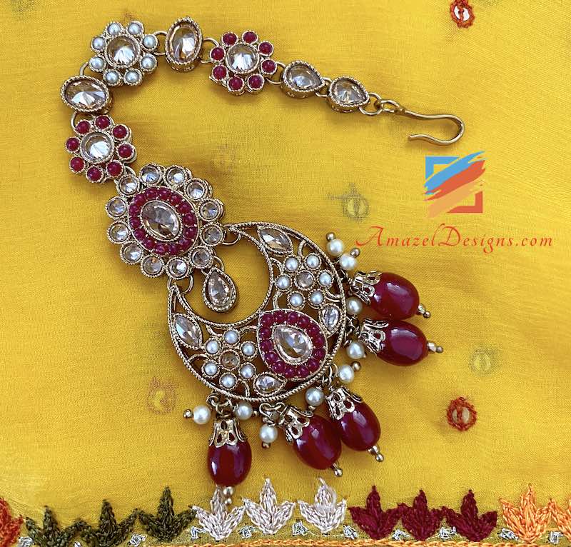 Collana da sposa Polki marrone con orecchini Chandbali Jhumki Set Tikka