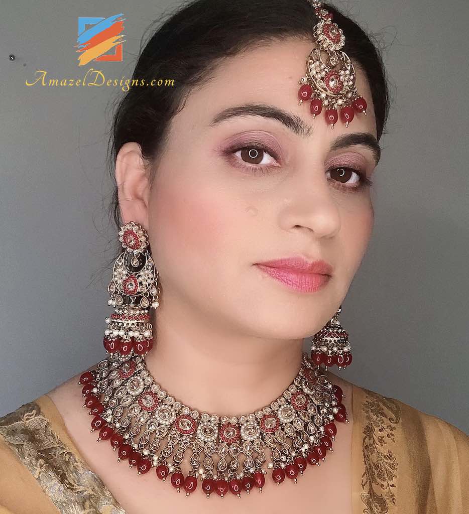 Collana da sposa Polki marrone con orecchini Chandbali Jhumki Set Tikka