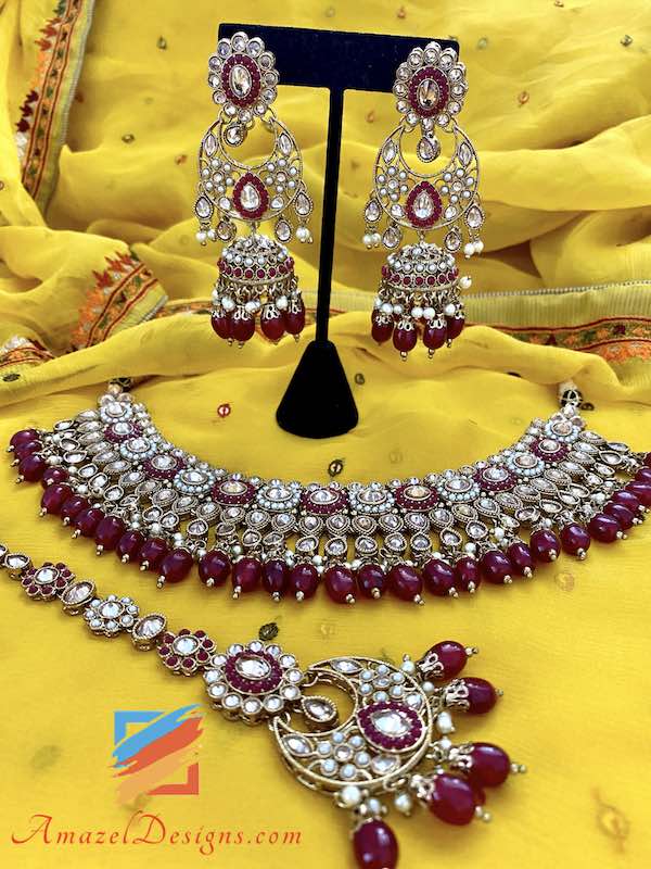 Collana da sposa Polki marrone con orecchini Chandbali Jhumki Set Tikka