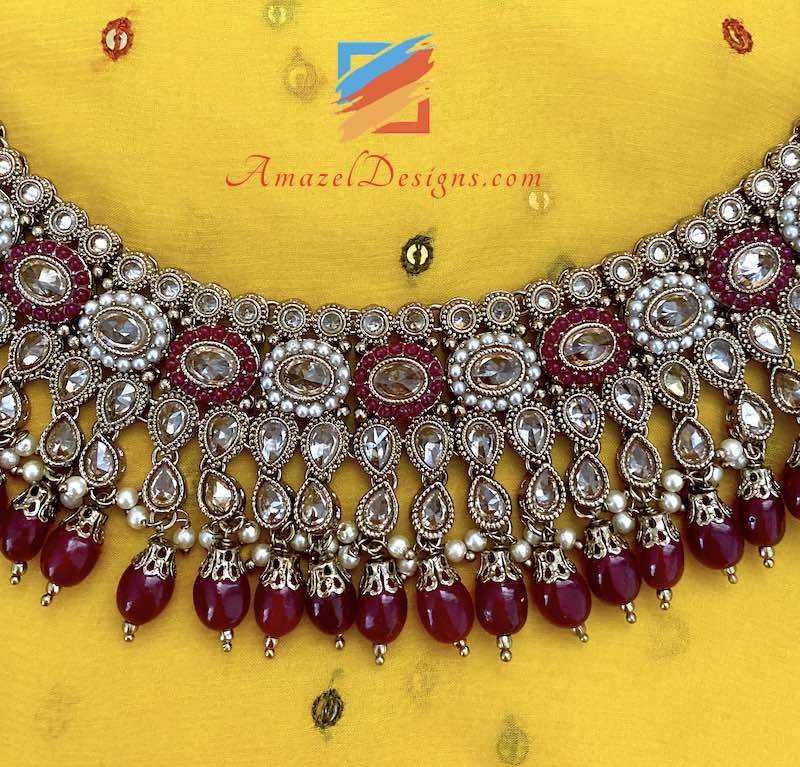 Collana da sposa Polki marrone con orecchini Chandbali Jhumki Set Tikka